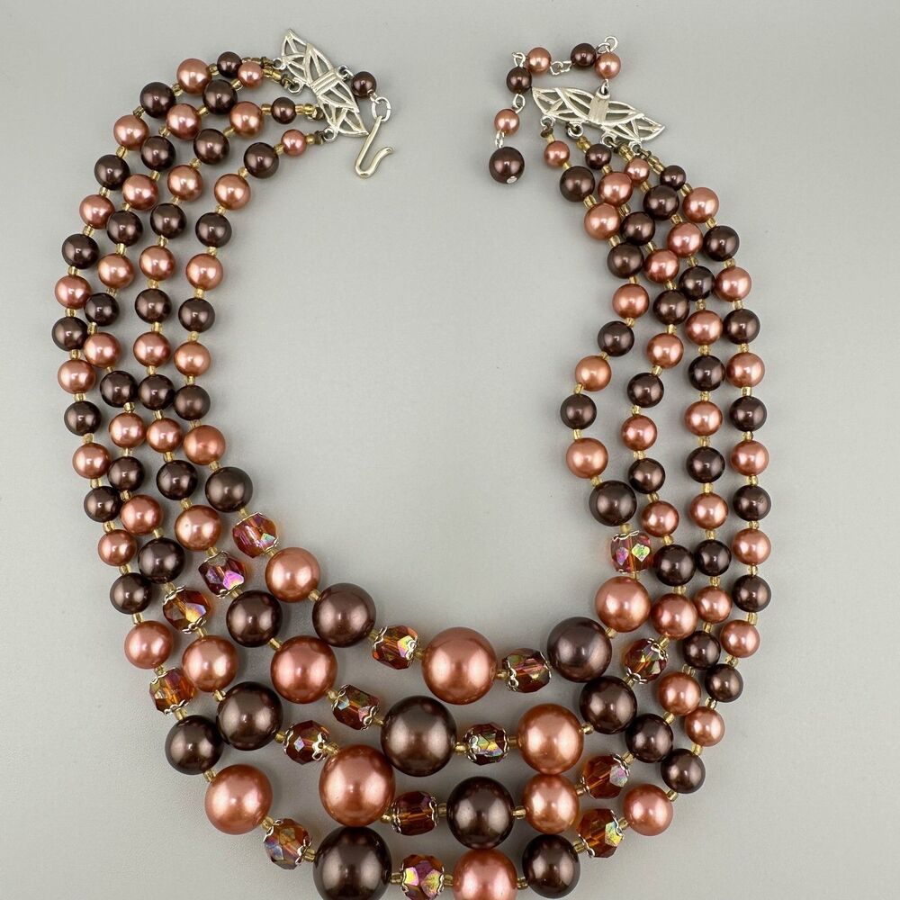 Vintage Japan Faux Pearl Necklace Multi Strand Topaz Root Beer Color AB Beads - Picture 9 of 16
